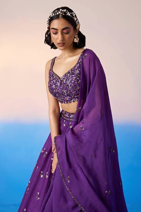 Buy_Mirroir_Purple Organza, Viscose Crystals, Sequins V-neck Embroidered Floral Lehenga Set _Online_at_Aza_Fashions