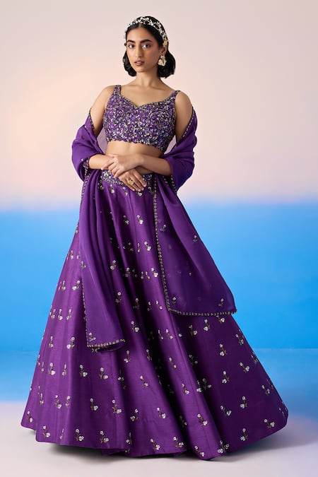 Shop_Mirroir_Purple Organza, Viscose Crystals, Sequins V-neck Embroidered Floral Lehenga Set _Online_at_Aza_Fashions