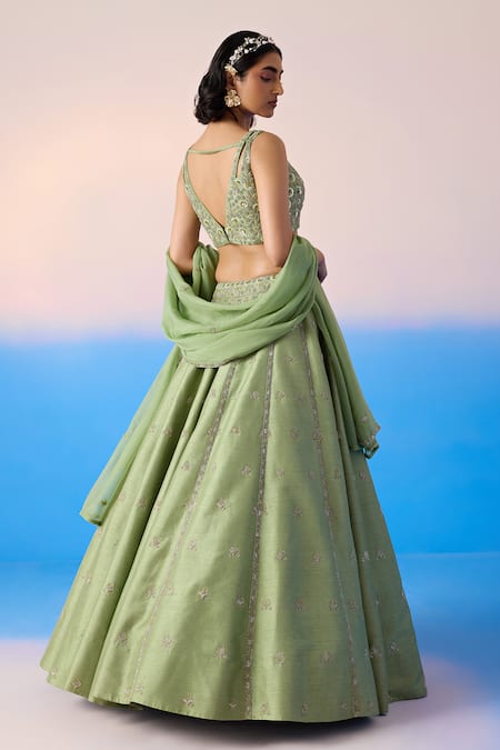 Shop Mirroir Green Organza, Viscose Sequins, Crystals Embroidered Floral Blossom Lehenga Set at Aza Fashions Shop_Mirroir_Green Organza, Viscose Sequins, Crystals Embroidered Floral Blossom Lehenga Set _at_Aza_Fashions