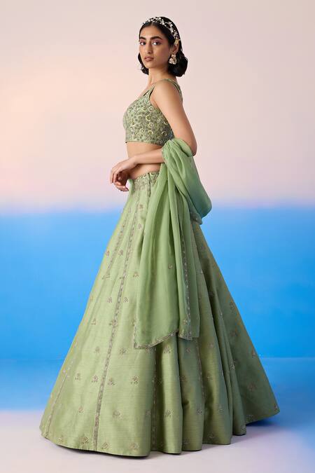Mirroir Green Organza, Viscose Sequins, Crystals Embroidered Floral Blossom Lehenga Set Online at Aza Fashions Mirroir_Green Organza, Viscose Sequins, Crystals Embroidered Floral Blossom Lehenga Set _Online_at_Aza_Fashions