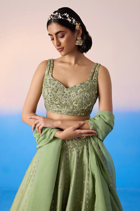 Buy Mirroir Green Organza, Viscose Sequins, Crystals Embroidered Floral Blossom Lehenga Set Online at Aza Fashions Buy_Mirroir_Green Organza, Viscose Sequins, Crystals Embroidered Floral Blossom Lehenga Set _Online_at_Aza_Fashions