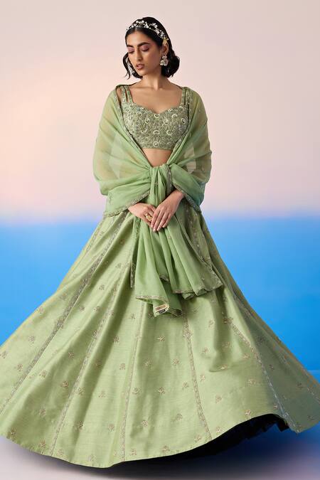 Shop Mirroir Green Organza, Viscose Sequins, Crystals Embroidered Floral Blossom Lehenga Set Online at Aza Fashions Shop_Mirroir_Green Organza, Viscose Sequins, Crystals Embroidered Floral Blossom Lehenga Set _Online_at_Aza_Fashions