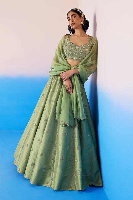 Mirroir Green Organza, Viscose Sequins, Crystals Embroidered Floral Blossom Lehenga Set at Aza Fashions Mirroir_Green Organza, Viscose Sequins, Crystals Embroidered Floral Blossom Lehenga Set _at_Aza_Fashions