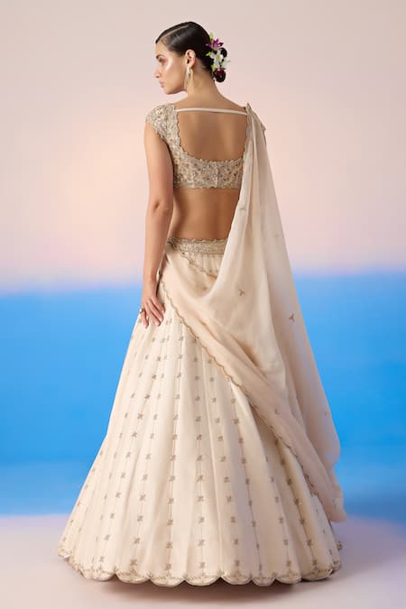 Shop Mirroir Beige Organza, Viscose Sequins, Crystals Floral Stripe Embroidered Lehenga Set at Aza Fashions Shop_Mirroir_Beige Organza, Viscose Sequins, Crystals Floral Stripe Embroidered Lehenga Set _at_Aza_Fashions