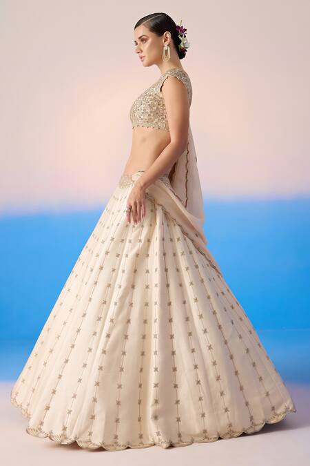 Buy Mirroir Beige Organza, Viscose Sequins, Crystals Floral Stripe Embroidered Lehenga Set Online at Aza Fashions Buy_Mirroir_Beige Organza, Viscose Sequins, Crystals Floral Stripe Embroidered Lehenga Set _Online_at_Aza_Fashions