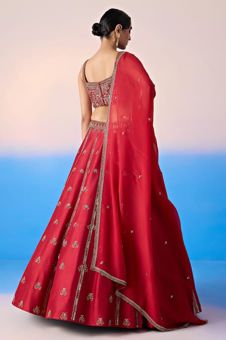 Shop Mirroir Red Organza, Viscose Sequins, Crystals Floral Blossom Embroidered Lehenga Set at Aza Fashions Shop_Mirroir_Red Organza, Viscose Sequins, Crystals Floral Blossom Embroidered Lehenga Set _at_Aza_Fashions