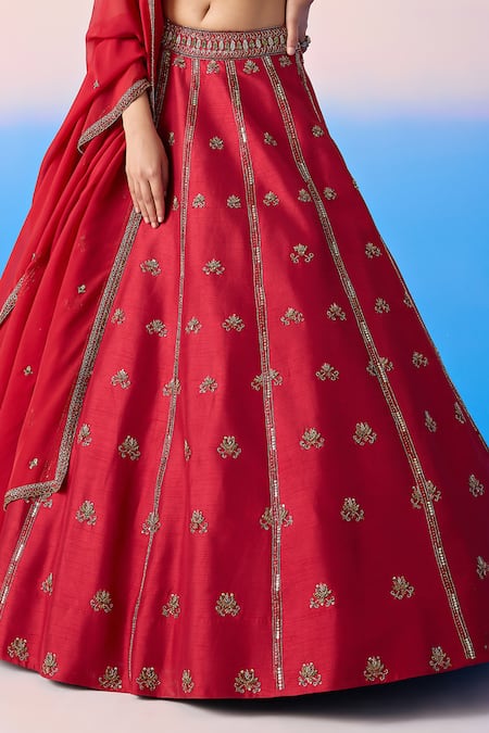 Mirroir Red Organza, Viscose Sequins, Crystals Floral Blossom Embroidered Lehenga Set Online at Aza Fashions Mirroir_Red Organza, Viscose Sequins, Crystals Floral Blossom Embroidered Lehenga Set _Online_at_Aza_Fashions
