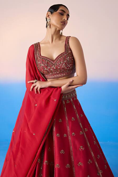Shop Mirroir Red Organza, Viscose Sequins, Crystals Floral Blossom Embroidered Lehenga Set Online at Aza Fashions Shop_Mirroir_Red Organza, Viscose Sequins, Crystals Floral Blossom Embroidered Lehenga Set _Online_at_Aza_Fashions