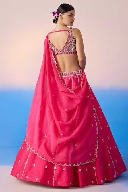 Shop Mirroir Pink Organza, Viscose Sequins, Crystals Floral Blossom Embroidered Lehenga Set at Aza Fashions Shop_Mirroir_Pink Organza, Viscose Sequins, Crystals Floral Blossom Embroidered Lehenga Set _at_Aza_Fashions