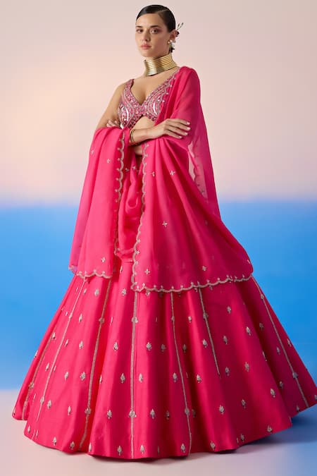 Mirroir Pink Organza, Viscose Sequins, Crystals Floral Blossom Embroidered Lehenga Set Online at Aza Fashions Mirroir_Pink Organza, Viscose Sequins, Crystals Floral Blossom Embroidered Lehenga Set _Online_at_Aza_Fashions