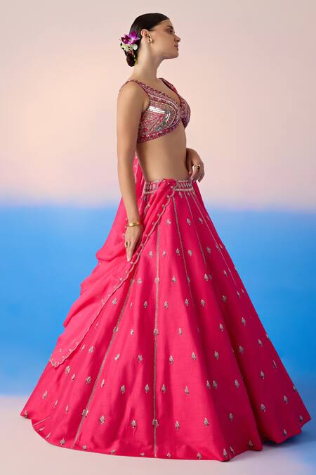 Shop Mirroir Pink Organza, Viscose Sequins, Crystals Floral Blossom Embroidered Lehenga Set Online at Aza Fashions Shop_Mirroir_Pink Organza, Viscose Sequins, Crystals Floral Blossom Embroidered Lehenga Set _Online_at_Aza_Fashions
