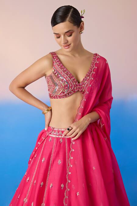 Mirroir Pink Organza, Viscose Sequins, Crystals Floral Blossom Embroidered Lehenga Set at Aza Fashions Mirroir_Pink Organza, Viscose Sequins, Crystals Floral Blossom Embroidered Lehenga Set _at_Aza_Fashions