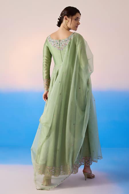 Shop Mirroir Green Organza, Chanderi, Blossom Thread Embroidered Anarkali With Dupatta at Aza Fashions Shop_Mirroir_Green Organza, Chanderi, Blossom Thread Embroidered Anarkali With Dupatta _at_Aza_Fashions