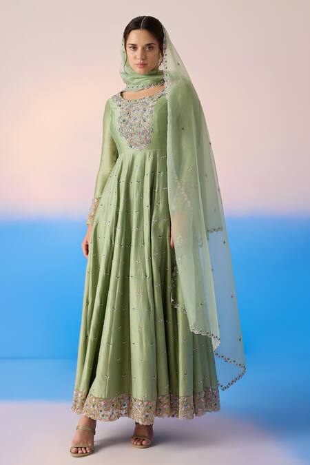 Shop Mirroir Green Organza, Chanderi, Blossom Thread Embroidered Anarkali With Dupatta Online at Aza Fashions Shop_Mirroir_Green Organza, Chanderi, Blossom Thread Embroidered Anarkali With Dupatta _Online_at_Aza_Fashions