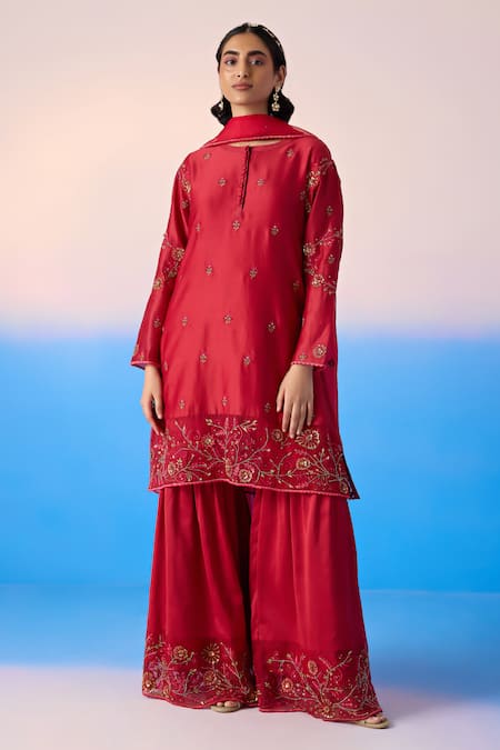 Mirroir Red Chanderi Embroidered Crystal Floral Thread Kurta Sharara Set 