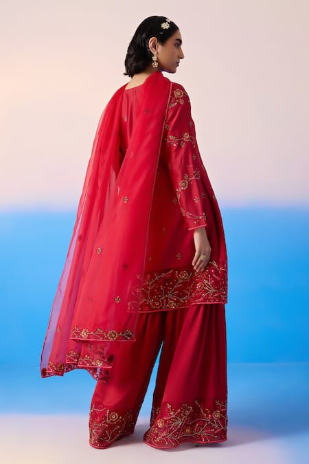 Shop Mirroir Red Organza, Chanderi, Viscose Sequins, Floral Thread Kurta Sharara Set at Aza Fashions Shop_Mirroir_Red Organza, Chanderi, Viscose Sequins, Floral Thread Kurta Sharara Set _at_Aza_Fashions