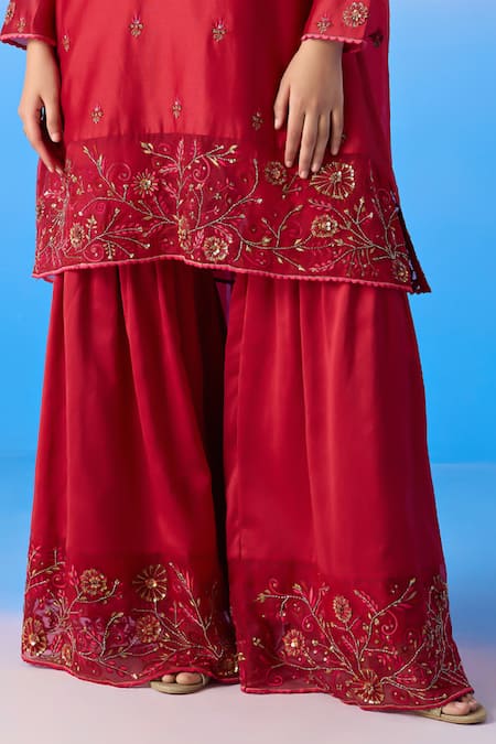 Mirroir Red Organza, Chanderi, Viscose Sequins, Floral Thread Kurta Sharara Set Online at Aza Fashions Mirroir_Red Organza, Chanderi, Viscose Sequins, Floral Thread Kurta Sharara Set _Online_at_Aza_Fashions