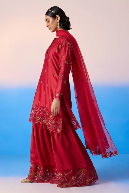 Buy Mirroir Red Organza, Chanderi, Viscose Sequins, Floral Thread Kurta Sharara Set Online at Aza Fashions Buy_Mirroir_Red Organza, Chanderi, Viscose Sequins, Floral Thread Kurta Sharara Set _Online_at_Aza_Fashions