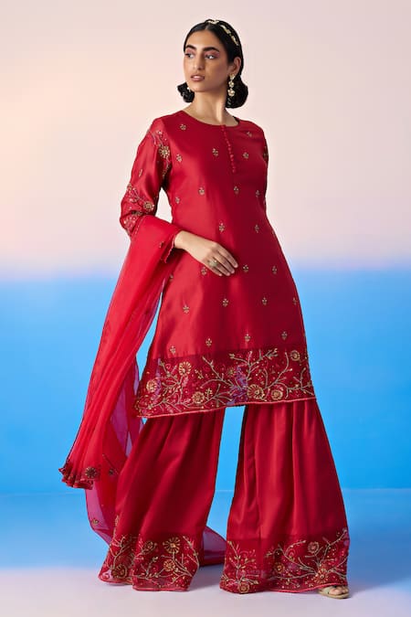 Mirroir Red Organza, Chanderi, Viscose Sequins, Floral Thread Kurta Sharara Set at Aza Fashions Mirroir_Red Organza, Chanderi, Viscose Sequins, Floral Thread Kurta Sharara Set _at_Aza_Fashions
