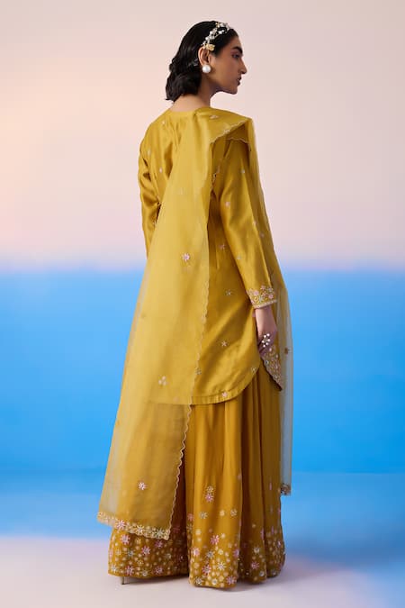 Shop_Mirroir_Yellow Organza, Chanderi Sequins, Crystals, Blossom Kurta Sharara Set _at_Aza_Fashions