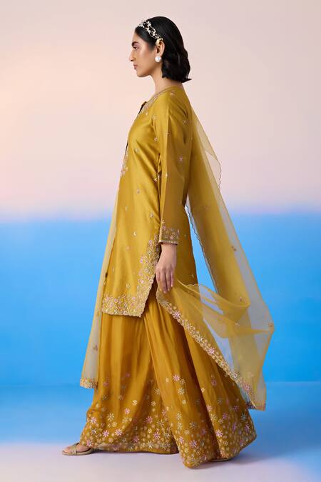 Mirroir_Yellow Organza, Chanderi Sequins, Crystals, Blossom Kurta Sharara Set _Online_at_Aza_Fashions