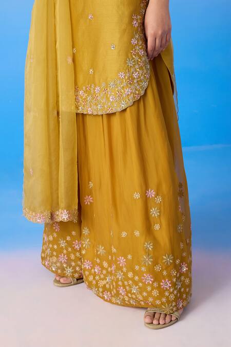Shop_Mirroir_Yellow Organza, Chanderi Sequins, Crystals, Blossom Kurta Sharara Set _Online_at_Aza_Fashions
