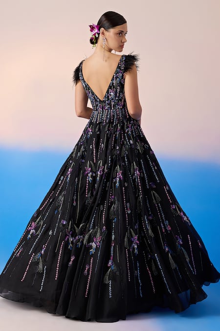 Shop_Mirroir_Black Organza Silk Embellished Sequin Plunge Crystal Feather Gown _at_Aza_Fashions