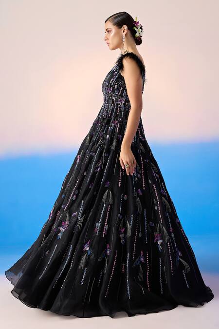 Mirroir_Black Organza Silk Embellished Sequin Plunge Crystal Feather Gown _Online_at_Aza_Fashions