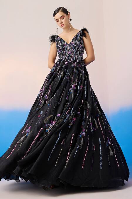 Shop_Mirroir_Black Organza Silk Embellished Sequin Plunge Crystal Feather Gown _Online_at_Aza_Fashions