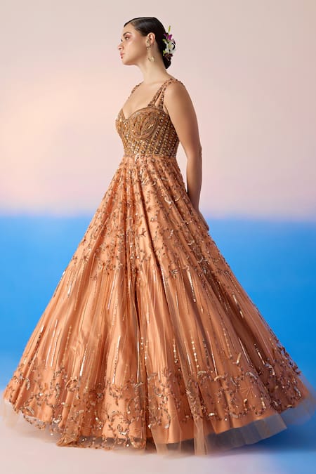 Mirroir Peach Net Embellished Sequin Sweetheart Floral Jaal Gown Online at Aza Fashions Mirroir_Peach Net Embellished Sequin Sweetheart Floral Jaal Gown _Online_at_Aza_Fashions