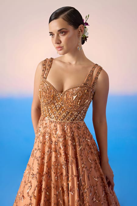 Buy Mirroir Peach Net Embellished Sequin Sweetheart Floral Jaal Gown Online at Aza Fashions Buy_Mirroir_Peach Net Embellished Sequin Sweetheart Floral Jaal Gown _Online_at_Aza_Fashions