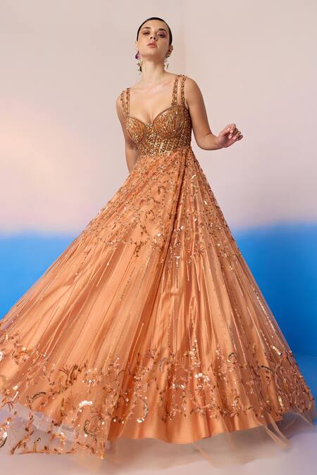Shop Mirroir Peach Net Embellished Sequin Sweetheart Floral Jaal Gown Online at Aza Fashions Shop_Mirroir_Peach Net Embellished Sequin Sweetheart Floral Jaal Gown _Online_at_Aza_Fashions