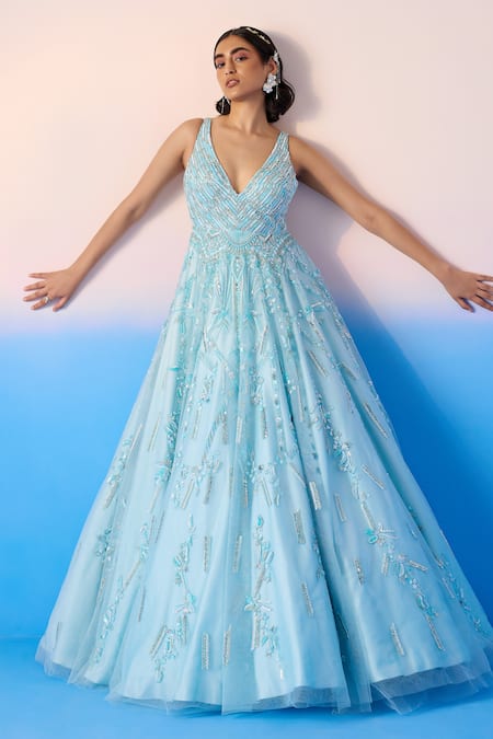 Mirroir Sky Blue Net Embellished Sequin Floral Blossom Crystal Gown 
