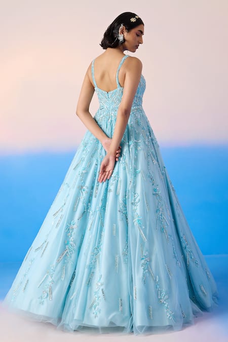 Shop Mirroir Sky Blue Net Embellished Sequin Floral Blossom Crystal Gown at Aza Fashions Shop_Mirroir_Sky Blue Net Embellished Sequin Floral Blossom Crystal Gown _at_Aza_Fashions