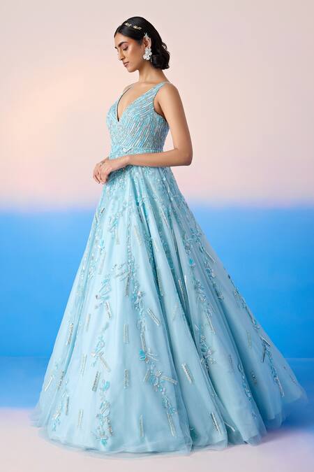 Buy Mirroir Sky Blue Net Embellished Sequin Floral Blossom Crystal Gown Online at Aza Fashions Buy_Mirroir_Sky Blue Net Embellished Sequin Floral Blossom Crystal Gown _Online_at_Aza_Fashions