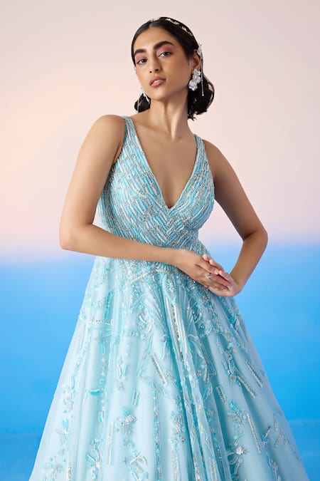 Shop Mirroir Sky Blue Net Embellished Sequin Floral Blossom Crystal Gown Online at Aza Fashions Shop_Mirroir_Sky Blue Net Embellished Sequin Floral Blossom Crystal Gown _Online_at_Aza_Fashions
