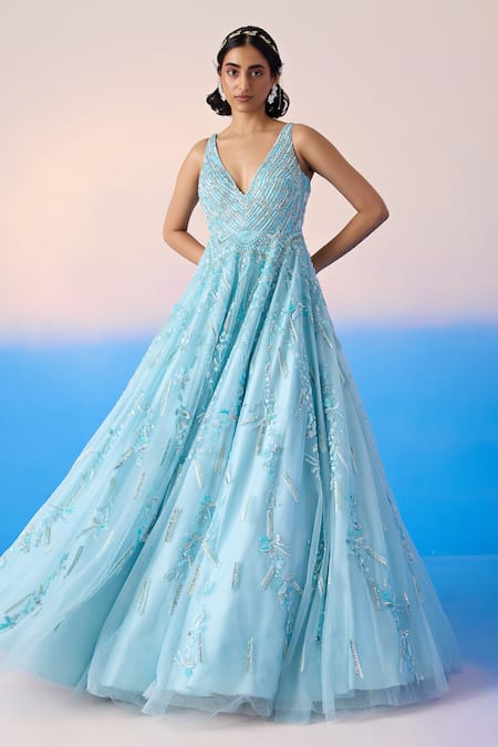 Mirroir Sky Blue Net Embellished Sequin Floral Blossom Crystal Gown at Aza Fashions Mirroir_Sky Blue Net Embellished Sequin Floral Blossom Crystal Gown _at_Aza_Fashions