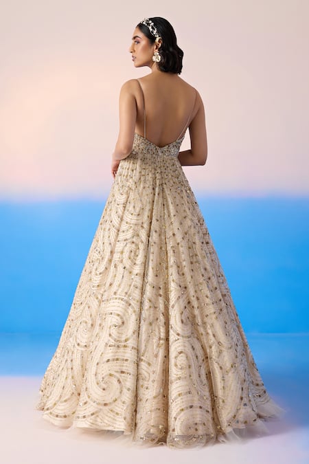 Shop Mirroir Beige Net Embellished Sequin Sweetheart Swirl Crystal Strappy Gown at Aza Fashions Shop_Mirroir_Beige Net Embellished Sequin Sweetheart Swirl Crystal Strappy Gown _at_Aza_Fashions