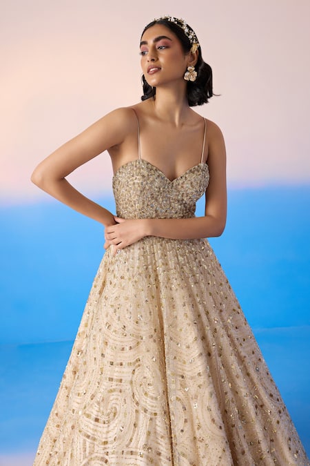 Mirroir Beige Net Embellished Sequin Sweetheart Swirl Crystal Strappy Gown Online at Aza Fashions Mirroir_Beige Net Embellished Sequin Sweetheart Swirl Crystal Strappy Gown _Online_at_Aza_Fashions