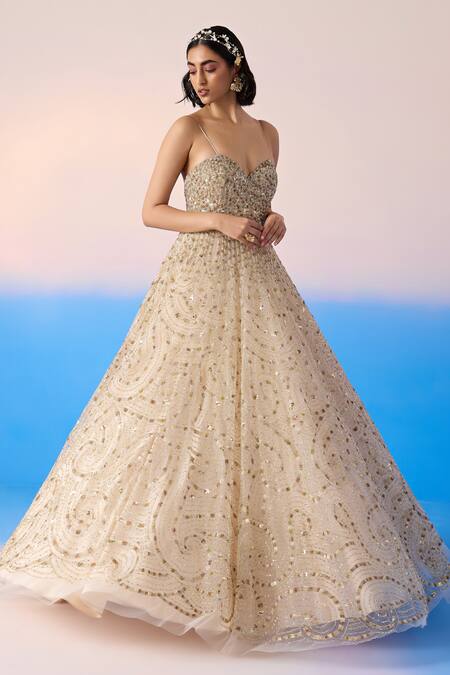 Shop Mirroir Beige Net Embellished Sequin Sweetheart Swirl Crystal Strappy Gown Online at Aza Fashions Shop_Mirroir_Beige Net Embellished Sequin Sweetheart Swirl Crystal Strappy Gown _Online_at_Aza_Fashions