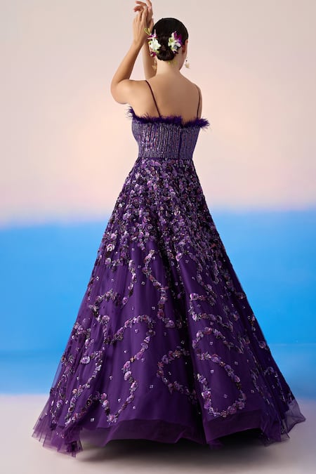 Shop Mirroir Purple Net Embellished Sequin Straight Floral Garland Strappy Gown at Aza Fashions Shop_Mirroir_Purple Net Embellished Sequin Straight Floral Garland Strappy Gown _at_Aza_Fashions