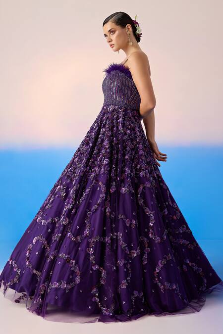 Mirroir Purple Net Embellished Sequin Straight Floral Garland Strappy Gown Online at Aza Fashions Mirroir_Purple Net Embellished Sequin Straight Floral Garland Strappy Gown _Online_at_Aza_Fashions