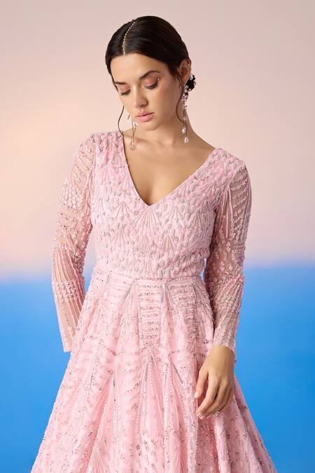 Shop_Mirroir_Pink Net Embellished Sequin Plunge Sunburst Crystal Gown  _Online_at_Aza_Fashions