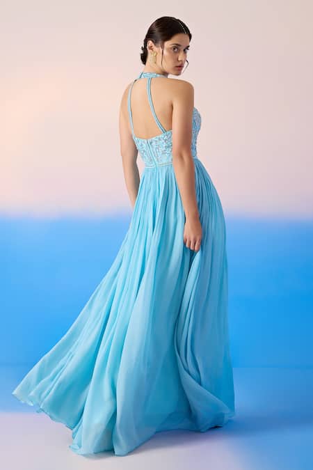 Shop Mirroir Sky Blue Viscose Crepe Embellished Sequin Halter Neck Floral Yoke Gown at Aza Fashions Shop_Mirroir_Sky Blue Viscose Crepe Embellished Sequin Halter Neck Floral Yoke Gown _at_Aza_Fashions
