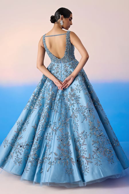 Shop Mirroir Blue Net Embellished Sequin Sweetheart Floral Vine Crystal Gown at Aza Fashions Shop_Mirroir_Blue Net Embellished Sequin Sweetheart Floral Vine Crystal Gown _at_Aza_Fashions