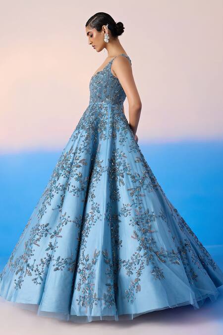 Mirroir Blue Net Embellished Sequin Sweetheart Floral Vine Crystal Gown Online at Aza Fashions Mirroir_Blue Net Embellished Sequin Sweetheart Floral Vine Crystal Gown _Online_at_Aza_Fashions