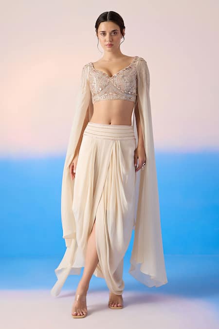 Women Sequin Crop Top With Dhoti Pants and Long Jacket, Indo