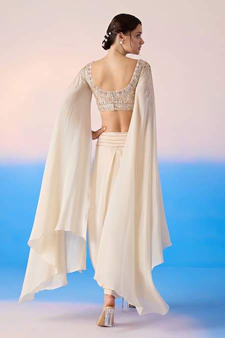 Shop Mirroir Beige Viscose, Crepe Sequins, Floral Embellished Blouse With Dhoti Pant at Aza Fashions Shop_Mirroir_Beige Viscose, Crepe Sequins, Floral Embellished Blouse With Dhoti Pant _at_Aza_Fashions