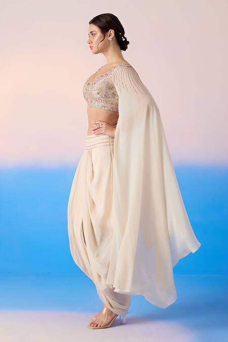 Mirroir Beige Viscose, Crepe Sequins, Floral Embellished Blouse With Dhoti Pant Online at Aza Fashions Mirroir_Beige Viscose, Crepe Sequins, Floral Embellished Blouse With Dhoti Pant _Online_at_Aza_Fashions