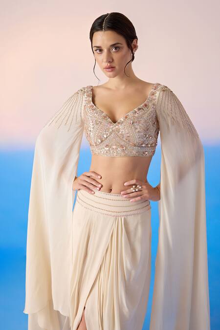 Buy Mirroir Beige Viscose, Crepe Sequins, Floral Embellished Blouse With Dhoti Pant Online at Aza Fashions Buy_Mirroir_Beige Viscose, Crepe Sequins, Floral Embellished Blouse With Dhoti Pant _Online_at_Aza_Fashions